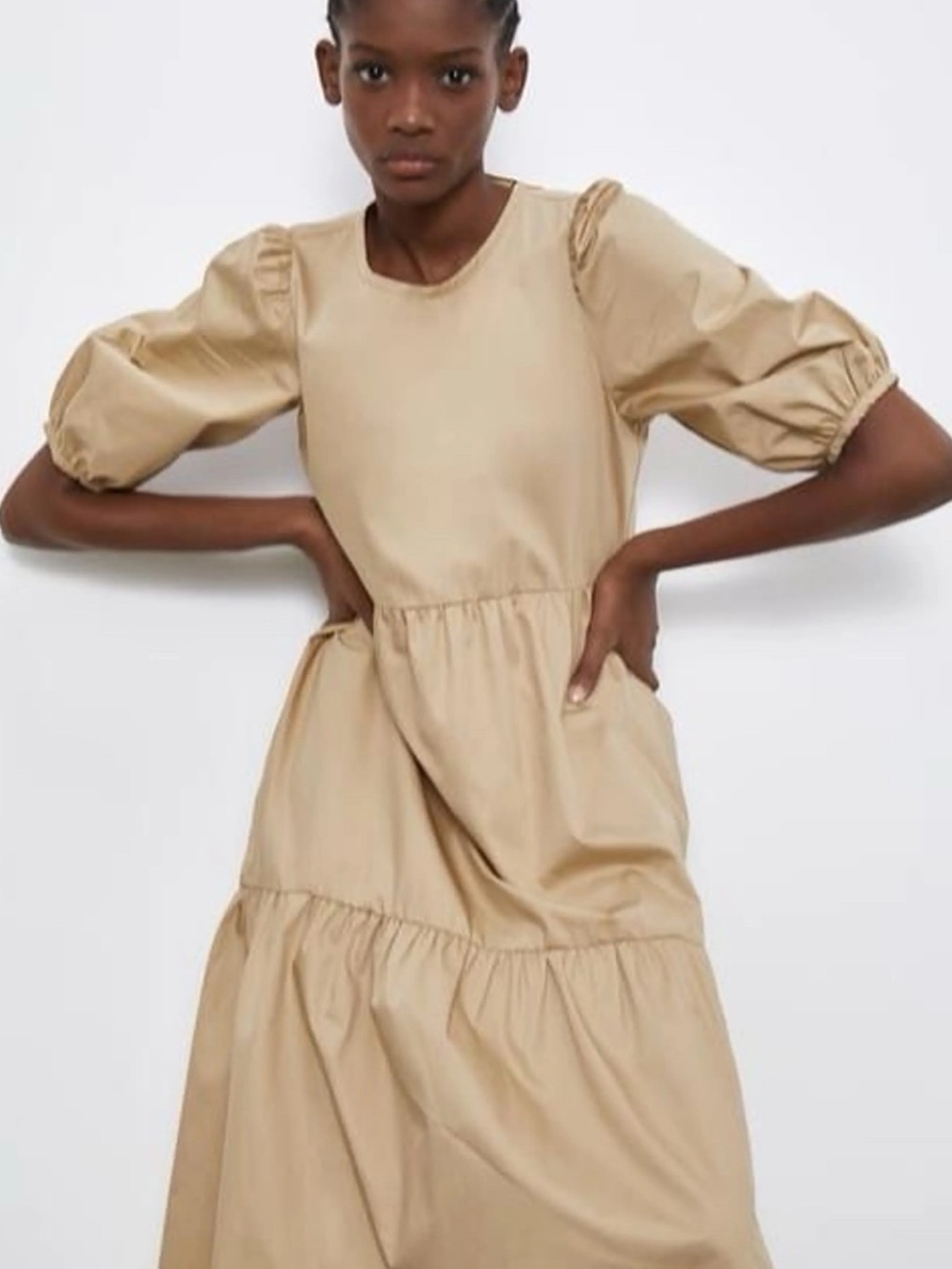 Zara Asymmetrical Tiered Poplin Dress in Beige
